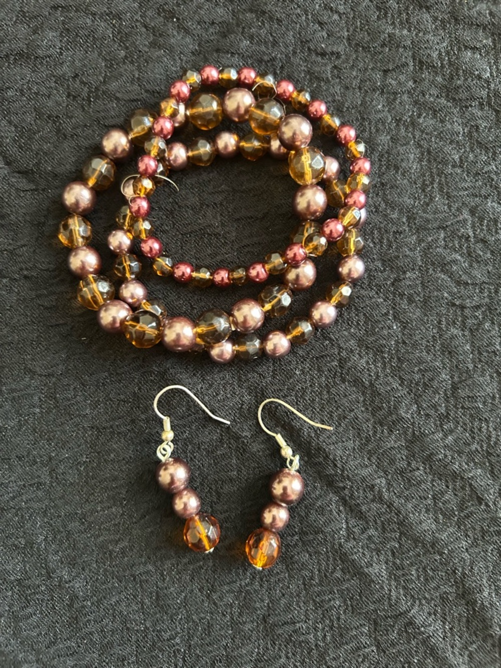 Beaded Bracelet and Earring Set in Amber and Rose